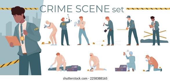 Crime scene criminal set with isolated flat compositions of investigators team paramedics victims and editable text vector illustration