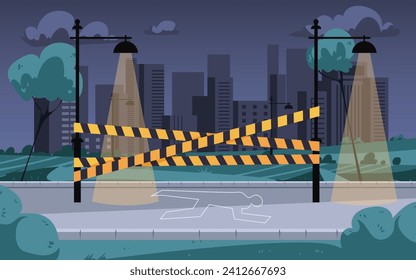 Crime scene with dead body silhouette. Crime street. Vector flat cartoon illustration