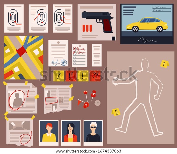 Crime scene detective board with criminal\
evidence, fingerprints, murder victim body outline and newspaper\
clippings. Flat cartoon vector\
illustration.
