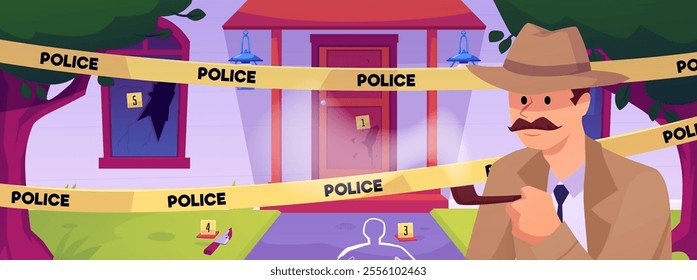 Crime scene. Detective with a hat and a pipe inspects the cordoned off area. Yellow police tape, bloody knife, chalk silhouette of body. Broken window, house yard. Cartoon style. Vector illustration.