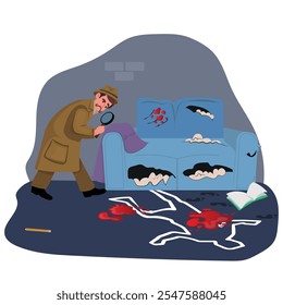 crime scene, detective with a magnifying glass analyzing a crime scene. vector illustration.