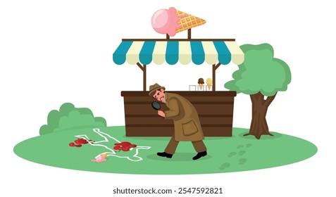 crime scene, detective with a magnifying glass analyzing a scene where a crime happened. vector illustration.