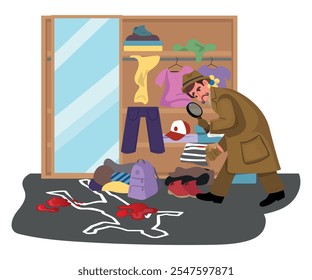 crime scene, detective with a magnifying glass looking for a clue in a messy environment. vector illustration.