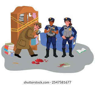 crime scene, detective and police officers analyzing a crime scene. vector illustration with white background.