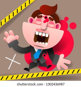Crime scene - do not cross. Chalk outlines of the killed victim of gun violence on the road. Dead businessman. Vector illustration.
