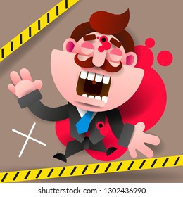 Crime scene - do not cross. Chalk outlines of the killed victim of gun violence on the road. Dead businessman. Vector illustration.