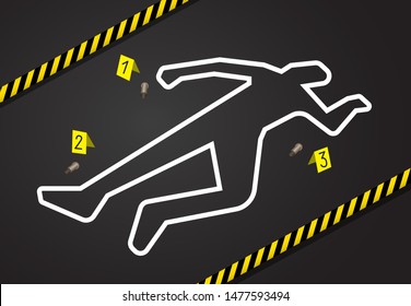 Crime Scene, Do Not Cross Police Tape. Chalk Outline From The Murder Scene, Circled The Body, And There Are Marks Near The Evidence Of The Gun Shells. Place Of Murder