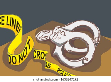 Crime Scene, Do not Cross Tape and Handcuff On The Table