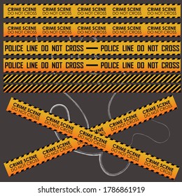 Crime scene. Do not cross. Police line. Do not cross. Illustration of a police tape with stripes and warning. Fences for the crime scene loop. 