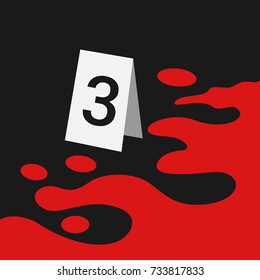 Crime scene - evidence marking during investigation of murder. Red blood of killed victim is around number.  Vector illustration