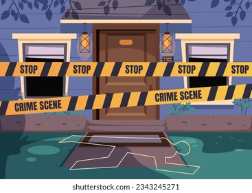 Crime scene home house door with yellow tape concept. Vector flat graphic design illustration