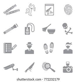 Crime Scene Icons. Gray Flat Design. Vector Illustration. 