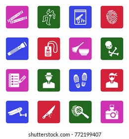 Crime Scene Icons. White Flat Design In Square. Vector Illustration. 