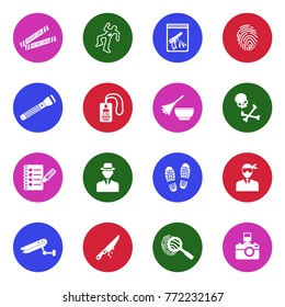 Crime Scene Icons. White Flat Design In Circle. Vector Illustration. 