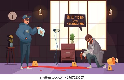 Crime scene investigation cartoon composition with detective and police officer examining victims blood stain evidence vector illustration
