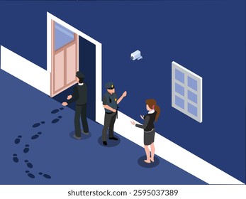 Crime Scene Investigation with Police Officers and Businesswoman 3d flat vector illustrations