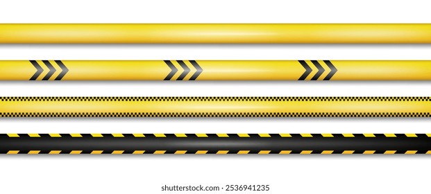 Investigación de la escena del crimen, advertencia o cinta de advertencia para acordonar el perímetro. Vector realista conjunto de cintas adhesivas o rayas con líneas y flechas. Restricción y barricada para los transeúntes
