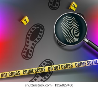 Crime scene. Magnifying glass with fingerprint. Yellow police warning tape. Vector illustration