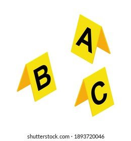 Crime scene markers symbol. Plastic yellow  investigation label design set with letter A, B, C. Criminalistic vector illustration isolated on white background.