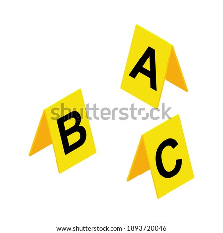 Crime scene markers symbol. Plastic yellow  investigation label design set with letter A, B, C. Criminalistic vector illustration isolated on white background.