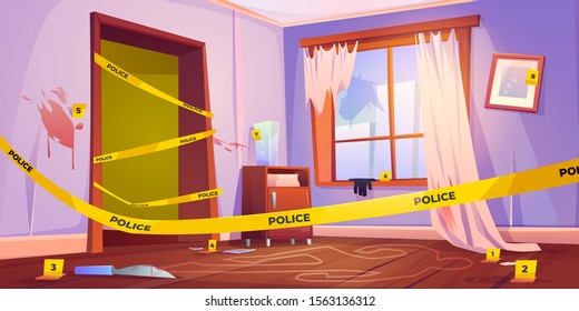 Crime scene, murder place fenced with yellow police tape, chalk line silhouette of dead body on floor, bloody knife and red spots on walls. Wrecked furnished apartment. Cartoon vector illustration