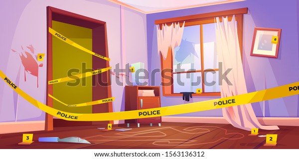 Crime scene, murder place fenced with yellow\
police tape, chalk line silhouette of dead body on floor, bloody\
knife and red spots on walls. Wrecked furnished apartment. Cartoon\
vector illustration