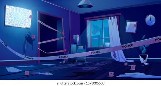 Crime Scene At Night, Murder Place In Dark Room Fenced With Police Tape, Chalk Line Silhouette Of Dead Body On Floor, Evidence Knife Blood Spots, Broken Window In Apartment Cartoon Vector Illustration