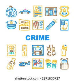 crime scene police criminal icons set vector. evidence murder, detective tape, law information, board violence, data dark cyber crime scene police criminal color line illustrations