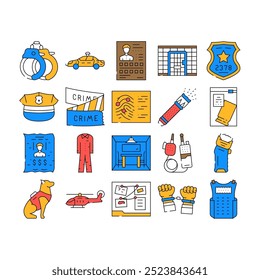 crime scene police criminal icons set vector. evidence murder, detective tape, law information, board violence, data dark cyber crime scene police criminal color Contour Illustrations