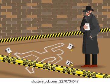 Crime scene. Police detective investigate. Research and explorer of evidence. Dead proof. Young inspection officer. Adhesive tape restricted boundary. Vector current design illustration