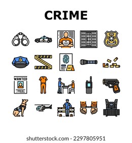 crime scene police evidence icons set vector. murder criminal, tape detective line, law homicide, csi mafia violence yellow danger crime scene police evidence color line illustrations