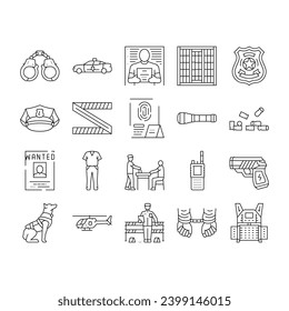 crime scene police evidence icons set vector. murder criminal, tape detective line, law homicide, csi mafia violence yellow danger crime scene police evidence black contour illustrations
