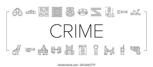 crime scene police evidence icons set vector. murder criminal, tape detective line, law homicide, csi mafia violence yellow danger crime scene police evidence black line illustrations