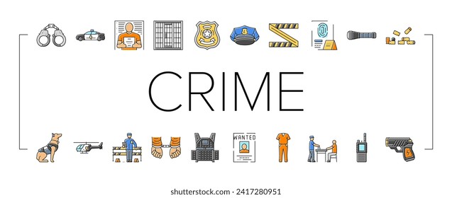 crime scene police evidence icons set vector. murder criminal, tape detective line, law homicide, csi mafia violence yellow danger crime scene police evidence color line illustrations