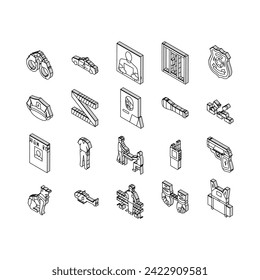 crime scene police evidence isometric icons set. murder criminal, tape detective line, law homicide, csi mafia violence yellow danger crime scene police evidence color line