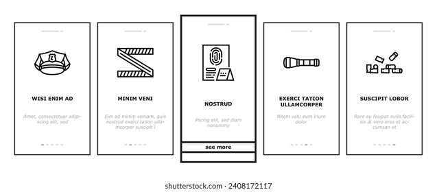 crime scene police evidence onboarding mobile vector. murder criminal, tape detective line, law homicide, csi mafia violence yellow danger crime scene police evidence illustrations