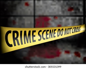 Crime Scene Police Line Tape Against Blood On The Wall - Vector Illustration