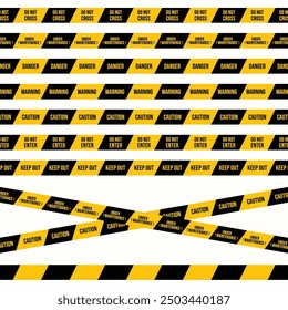 Crime scene and police warning tape vector on a white background. Road construction signs with different caution texts with black and yellow colors. Industrial safety and maintenance tape collection.