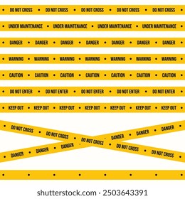 Crime scene and police warning tape vector with black and yellow colors. Road construction signs with different caution texts. Industrial safety and maintenance tape collection on a white background.