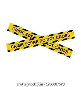 Crime scene tape. Crossed yellow lines with sign 'do not cross'. Forbidden area with restricted access symbol. Vector design isolated on white background.