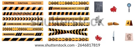  Crime scene tape icons set. Barrier tapes, chalk outline, blood stains, magnifying glass, footprints, bullet casing, evidence marker, knife and fingerprint representing a crime scene investigation