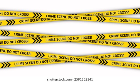 Crime scene tape on white background. Yellow striped police ribbon. Warning tapes lines for restriction of crime places. Seamless barrier borders for criminal accident zones. Vector illustration.