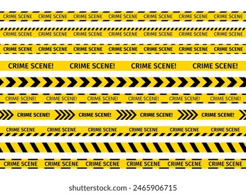 Crime scene tape. Seamless barrier borders for criminal accident zones. Set warning tapes lines for restriction of crime places. Yellow striped police ribbon. Vector illustration.