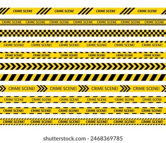 Crime scene tape. Seamless barrier borders for criminal accident zones. Set yellow striped police ribbon. Warning tapes lines for restriction of crime places. Vector illustration.