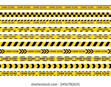 Crime scene tape. Yellow striped police ribbon. Set warning tapes lines for restriction of crime places. Seamless barrier borders for criminal accident zones. Vector illustration.