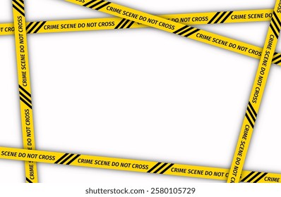 Crime scene tapes border. Warning tapes lines for restriction of crime places. Yellow striped police ribbon. Seamless barrier borders for criminal accident zones. Vector illustration.