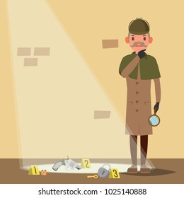 Crime Scene Vector. Detective At Crime Scene. Flat Cartoon Illustration
