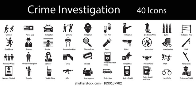 Crime Scene Vector Icons Set, Criminal investigation Symbol on White background, Law Enforcement and Police  Concept,