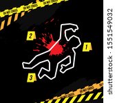 Crime scene vector illustration. Сhalk outline of the body and bloodstain.