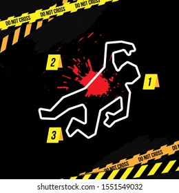 Crime scene vector illustration. Сhalk outline of the body and bloodstain.